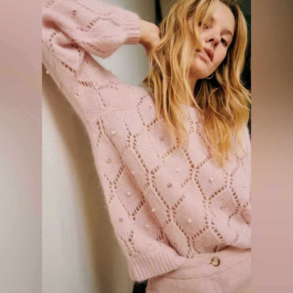 Sezane Federica Jumper Powder Pink Pearls Jewels open knit mohair Size M - Picture 1 of 9